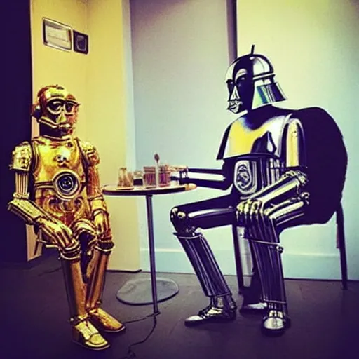 Prompt: “C-3PO and R2-D2 of Star Wars are having tea with Paul McCartney of The Beatles, painting, Michelangelo style, brush strokes, detailed ”