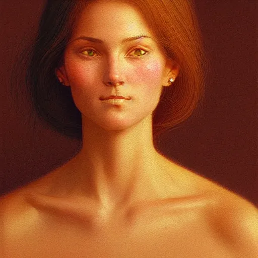 Image similar to Facial portrait of a cute shy woman, looking away from the camera, slight awkward smile, lips slightly parted, no hands visible,, intricate, extremely detailed painting by Jean Giraud and by Henry Justice Ford and by Greg Rutkowski, golden hour