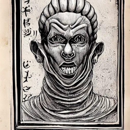 Image similar to Fantasy portrait of a man made of frost and shadow holding religious tome, high detailed, horror, old renaissance, religious art, style of Harshanand Singh and Junji Ito