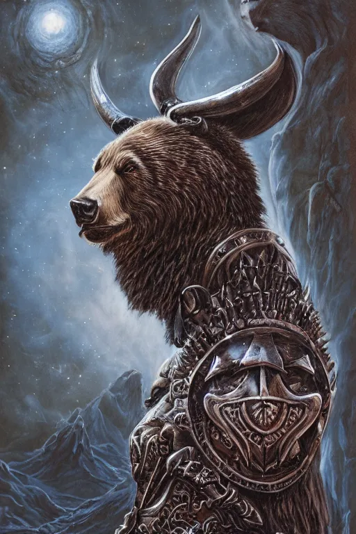 Image similar to sideview waist up portrait of bear wear baphomet armor made with porcelain by jeff easley and peter elson, beautiful eyes and face, symmetry face, galaxy, gothic, surreal, dread, highly detailed, intricate complexity, epic composition, magical atmosphere, masterpiece, award winning, trending on artstation