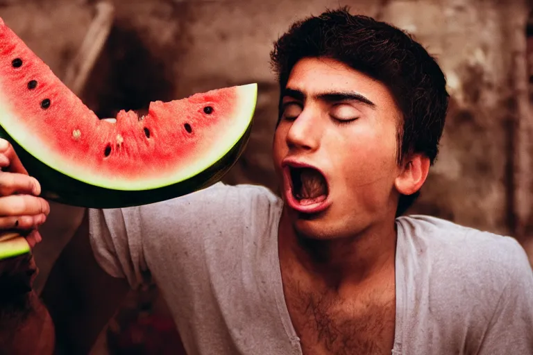 Image similar to closeup portrait of a young man punching a watermelon into a smoothie, magazine, press, photo, steve mccurry, david lazar, canon, nikon, focus