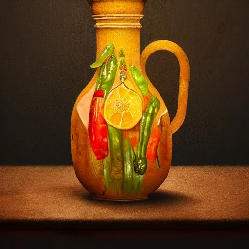 Image similar to still art, antique jug with palms inside, old candle, much vegetables, lemon, orange, pepper, cinematic light, detailed, digital art, concept art, trending on artstation, highly detailed, intricate, sharp focus, digital art, 8 k