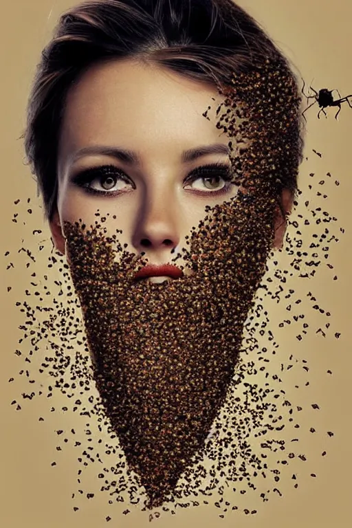 Prompt: a photo of a pretty woman with many ants on her face. movie poster. detailed. artistic. pretty