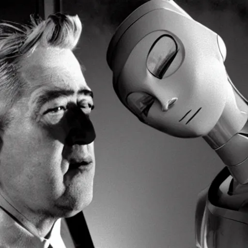 Image similar to movie still of a man and a robot in a moment of jealousy, movie by david lynch