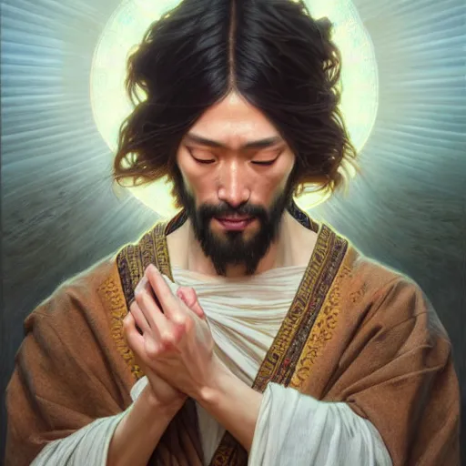 Prompt: portrait painting of a jesus wang, ultra realistic, concept art, intricate details, highly detailed, photorealistic, octane render, 8 k, unreal engine. art by artgerm and greg rutkowski and magali villeneuve and alphonse mucha