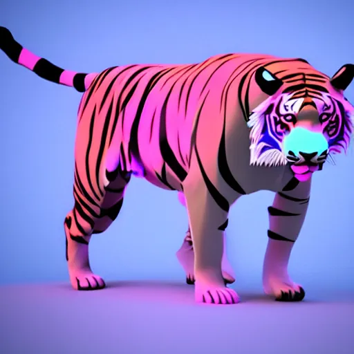 Image similar to ultra low low poly visible polygons stylized render of a tiger animal full body octane unreal engine render vaporwave blue and pink neon