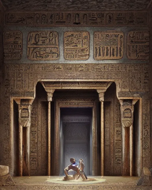Image similar to greg rutkowski digital painting of an ornate and royal egyptian antechamber tomb, unreal engine, hyper realism, realistic shading, cinematic composition, blender render, octane render, hdr, detailed textures, photorealistic, ultrawide shot, 3 5 mm film