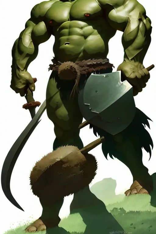 Image similar to orc barbarian male, green skin, exquisite details, big axe, earth magic, mid view, design on a white background, by studio muti, greg rutkowski makoto shinkai takashi takeuchi studio ghibli