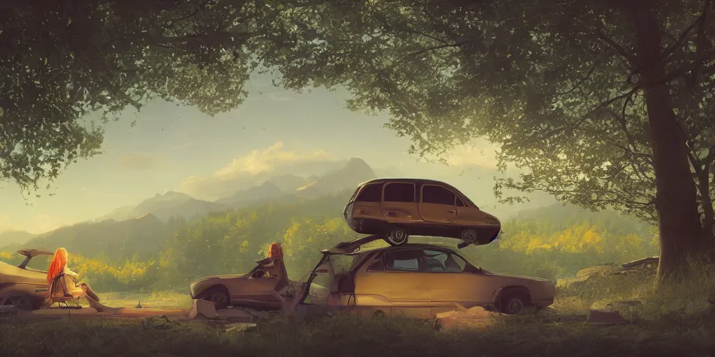 Image similar to looking out a car window to see two women camping, elegant scene, low angle, wide angle, indian forest, wide angle, cinematic, ultrarealistic, trending on artstation, cgsociety, highly detailed, color graded, rendered in unreal engine 4 k hq, matte painting, by simon stalenhag and hudson river school, horizon forbidden west