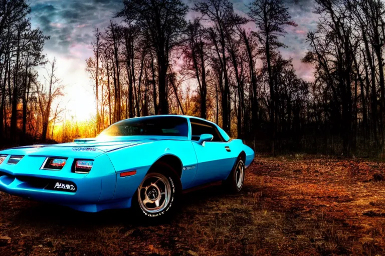 Prompt: pontiac firebird with grafitti tag on side, sunrise, dramatic, cinematic, forest, sunbeams, volumetric lighting, wide shot, low angle