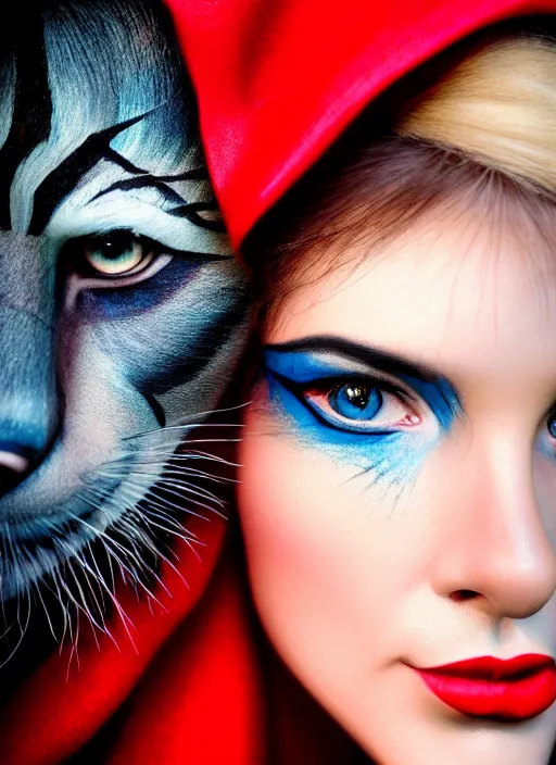 Image similar to photo of a gorgeous Beautiful face Portrait of Little Red Riding Hood with a lightning panther, face painting, woman in the style of stefan kostic, wild, realistic, sharp focus, 8k high definition, insanely detailed, intricate, elegant, art by stanley lau and artgerm