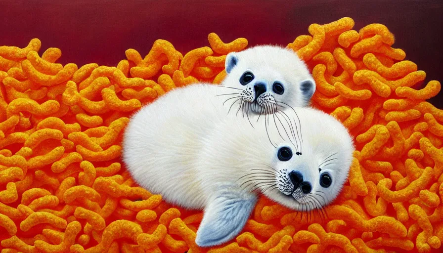 Prompt: highly detailed painting of cute furry white baby seals cuddling up in a big pile of wotsits and cheetos by william turner, thick brush strokes and visible paint layers, 4 k resolution