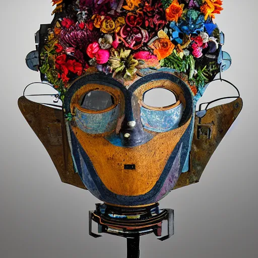 Prompt: a sculpture of a robot wearing a mask made of flowers, by annie swynnerton and diego rivera, symbolist, dramatic lighting, elaborate geometric ornament, art brut, soft cool colors, smooth, sharp focus, extremely detailed, adolf wolfli and dan munford