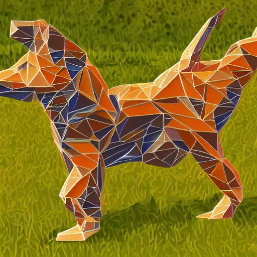 Prompt: abstract art of dog running through forest, polygons, symmetrical, intricate, highly detailed, head on