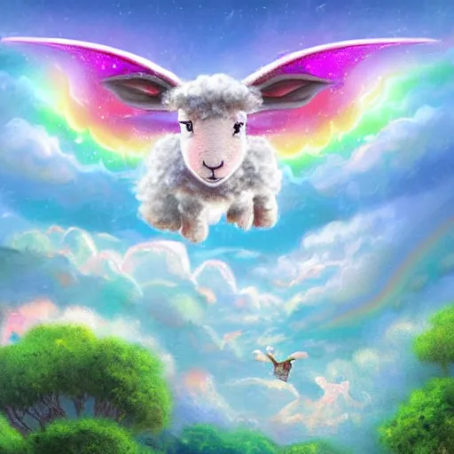 Prompt: digital art of a sheep dragon hybrid flying in the sky with a collar and bell, bringer of sweet dreams, themes of rain, rainbows, pastel, bubbles and stars, concept art, high detail with soft brush strokes, stylized, art by tomas kinkade, art by lisa frank, art by eellie, soft colors