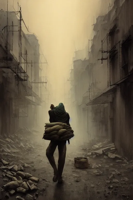 Prompt: man carrying many bags full of groceries, walking in a post - apocalyptic abandoned city, zdzislaw beksinski, lewis jones, dariusz zawadzki, wayne barlow, cold hue's, warm tone gradient background, concept art, digital painting