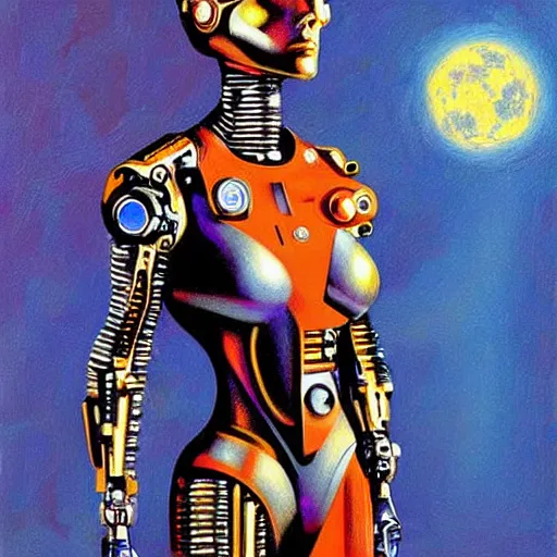 Image similar to futurist cyborg duchess, perfect future, award winning art by alan bean, sharp color palette