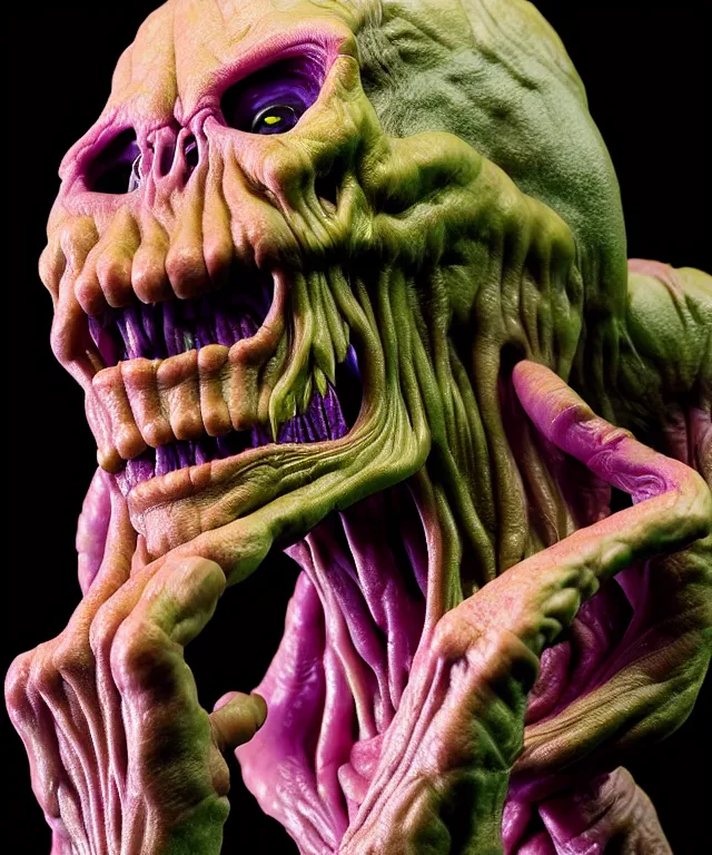 Image similar to hyperrealistic rendering, cronenberg flesh monster skeletor by art of skinner and richard corben and jeff easley, product photography, action figure, sofubi, studio lighting, colored gels