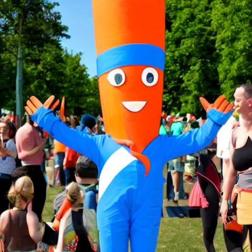 Prompt: an anthropomorphic carrot waving the Ukrainian flag.