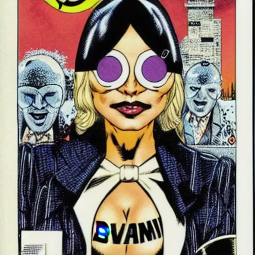 Image similar to Brian Bolland comic art, stunning female Actress Audrey Plaza, spy, eye patch over left eye, evil smile, symmetrical face, symmetrical eyes, tailored clothing, long straight blonde hair, full body, Winter night