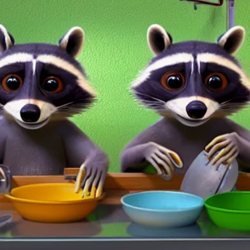 Prompt: two raccoons doing the dishes, pixar style