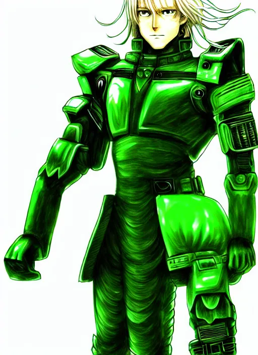 Image similar to a detailed manga full body portrait illustration of a man with long blonde hair and blue eyes wearing a green cyberpunk sci - fi battle suit by hirohiko araki, detailed artwork, realism, 4 k resolution, detailed, high quality, sharp focus, hq artwork, insane detail, volumetric lighting, character concept art, fine details, clear subject, central subject