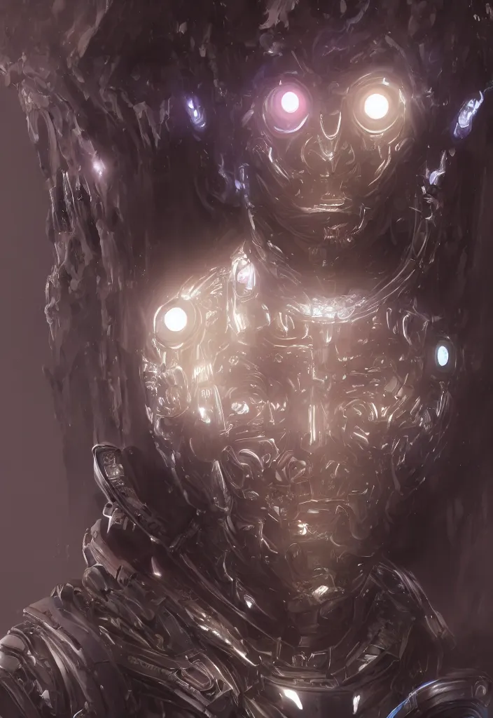 Prompt: a portrait of a benevolent android necromancer, aura of light, friendly, artificial intelligence, scifi, futuristic, highly detailed, trending on artstation, advanced technology, art by vitaly bulgarov and nivanh chanthara and lance wilkinson