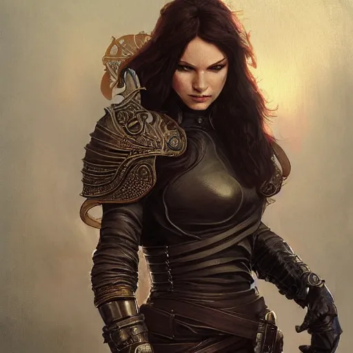 Image similar to ultra realistic illustration, strong female rogue with leather armor and cloak in the painting style of arcane, intricate detail, elegant, highly detailed, digital painting, artstation, concept art, smooth, sharp focus, illustration, art by artgerm and greg rutkowski and alphonse mucha