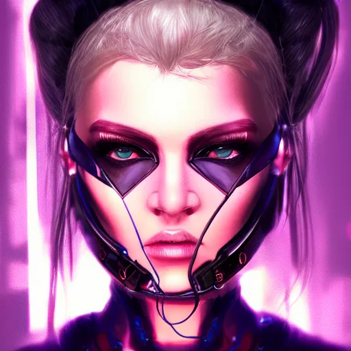 Image similar to headshot artwork of cyberpunk woman wearing thick steel choker, 4K, realistic, artstation, neon,