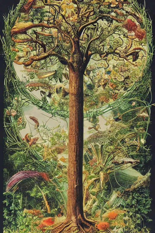 Prompt: vintage magazine advertisement depicting all of the knowledge in the world as a tree, by marius lewandowski, by ernst haeckel
