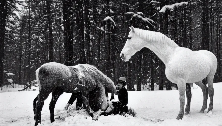 Image similar to 1 9 6 0 s movie still close up of marcus aurelius + horse frozen to death under the snown by the side of a river with gravel, pine forests, cinestill 8 0 0 t 3 5 mm b & w, high quality, heavy grain, high detail, texture, dramatic light, anamorphic, hyperrealistic, detailed hair, foggy