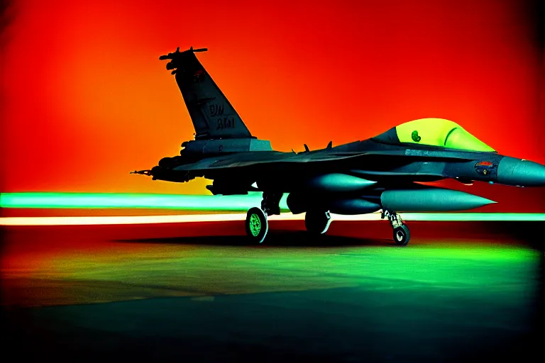 Prompt: stylized poster of an f - 1 6 fighter, thick neon lights, ektachrome photograph, volumetric lighting, f 8 aperture, cinematic eastman 5 3 8 4 film