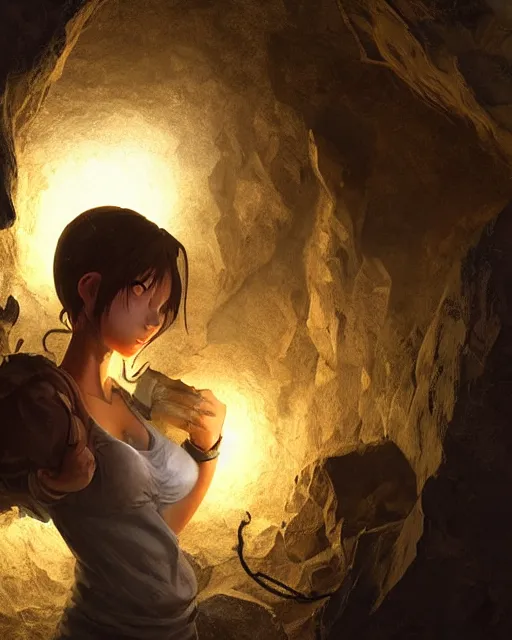 Image similar to a beautiful coalminer woman in a mine lit by a lamp, ambient cave lighting, detailed face, by makoto shinkai, stanley artgerm lau, wlop, rossdraws