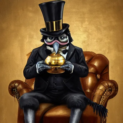 Image similar to oil painting of grumpy rich steampunk penguin sitting on fancy chair, wearing top hat, holding gold, steampunk factory background, factory background, sharp focus, fantasy style, octane render, volumetric lighting, 8k high definition, by greg rutkowski, highly detailed, trending on art Station, centered