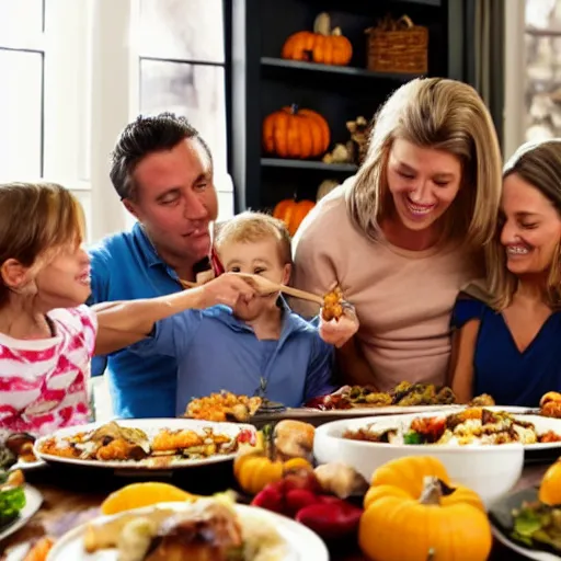 Prompt: a family sitting at a table eating thanksgiving dinner, the turkey is a monkey