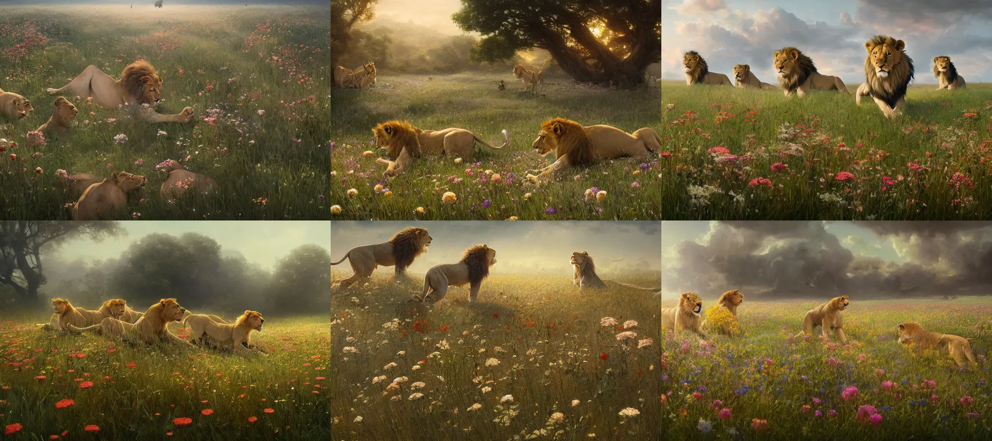 Prompt: a group of lions in a field of flowers by Greg Rutkowski, Sung Choi, Johnson Ting, Maxim Verehin, Peter Konig, Marco lense, photorealistic 8k, cinematic lighting, HD, high detail, atmospheric, trending on artstation