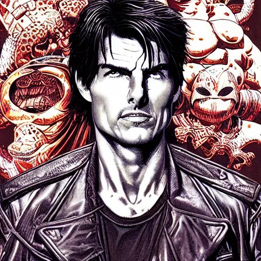 Image similar to portrait of tom cruise as hellboy, symmetrical, by yoichi hatakenaka, masamune shirow, josan gonzales and dan mumford, ayami kojima, takato yamamoto, barclay shaw, karol bak, yukito kishiro