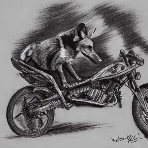 Image similar to A drawing of an African wild dog on a motorcycle.