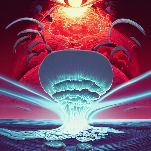 Image similar to highly detailed illustration of a giant nuclear explosions exposure mushroom clouds, abstract minimalist white sculpture in the middle by makoto shinkai, by moebius, by oliver vernon, by joseph moncada, by damon soule, by manabu ikeda, by kyle hotz, by dan mumford, by otomo, 4 k resolution