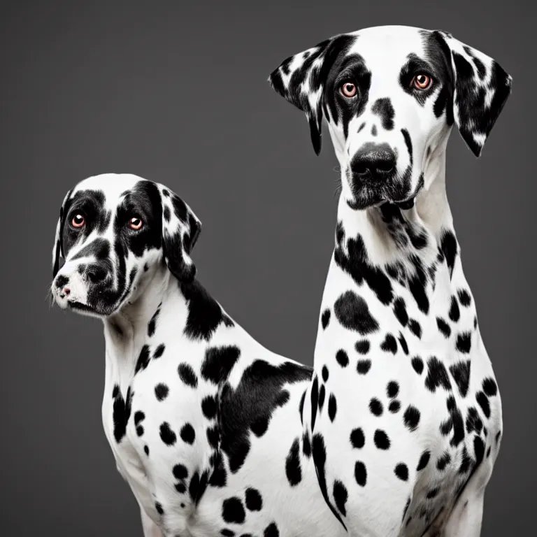 Image similar to vogue photoshoot octane render of dalmatian dog with white background, focus bright, very short depth of field, bokeh