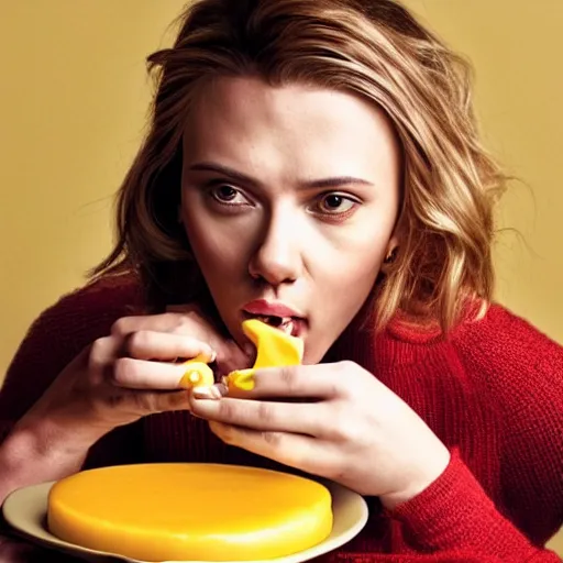 Prompt: beautiful portrait photo of Scarlett Johansson eating velveeta cheese staring sensually at the camera, 85mm