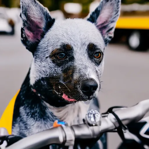 Image similar to blue heeler dog on a motorcycle, 8 k photography, blurred background of a wafflehouse