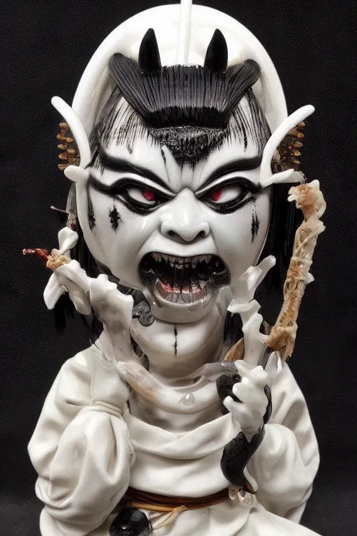 Prompt: porcelain oni geisha made by Kris Kuksi and HR Giger