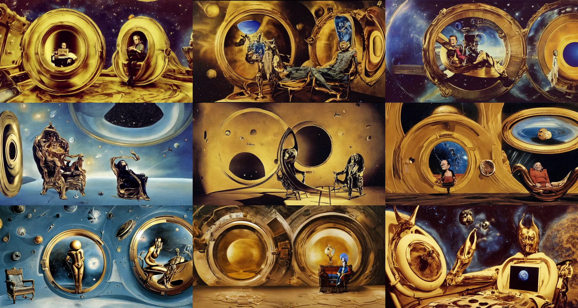 Prompt: background : a huge porthole in which space, planet arrakis, and spaceships are visible | foreground : crazy magnificent salvador dali, sits on a gold chair in a dark room | from the movie by alejandro jodorowsky with the cinematography of christopher doyle and art direction by hans giger, anamorphic lens, kodachrome, 8 k