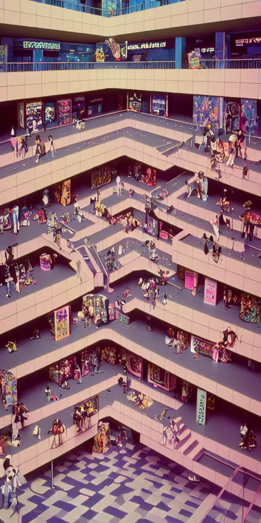 Image similar to huge sprawling angular dimension of infinite 8 0 s mall interior. liminal space, surrealism, mallsoft, vaporwave. muted colors, 8 0 s pop culture, food court, shot from above, endless, neverending epic scale by escher and ricardo bofill