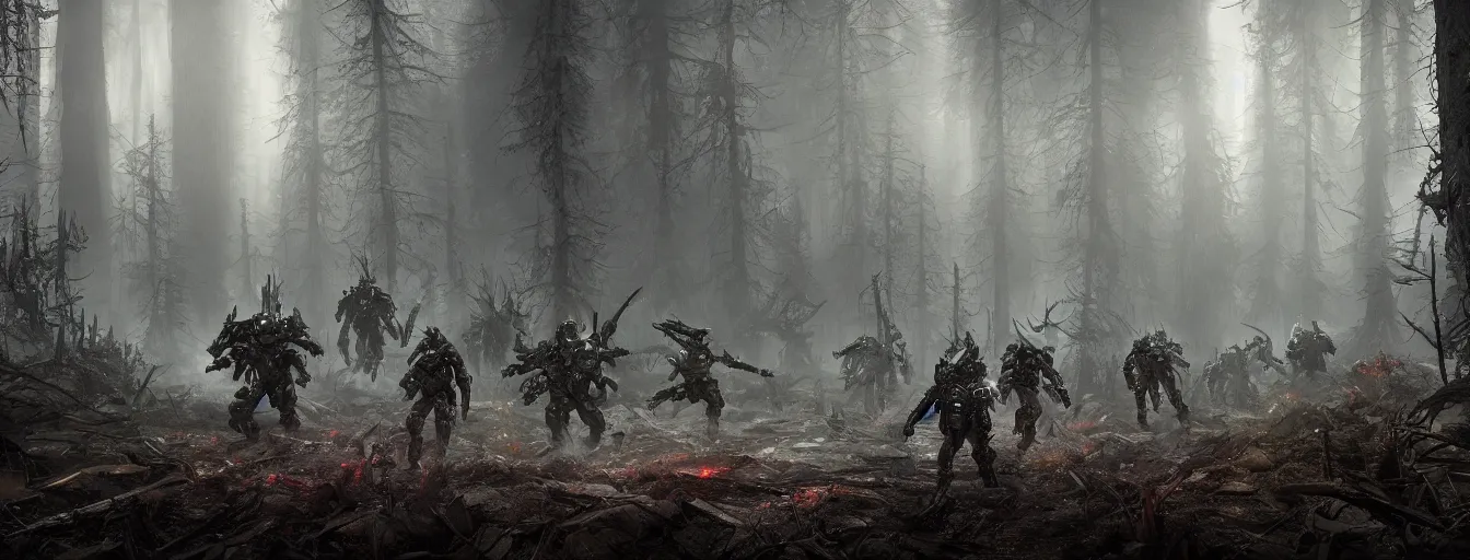 Image similar to image of deep forest with terrific and creepy mechwarriors with volumetric lights, running and hunting people, post - apocalyptic style, high detail, dramatic moment, motion blur, ground fog, dark atmosphere, saturated colors, by darek zabrocki, render in unreal engine - h 7 0 4