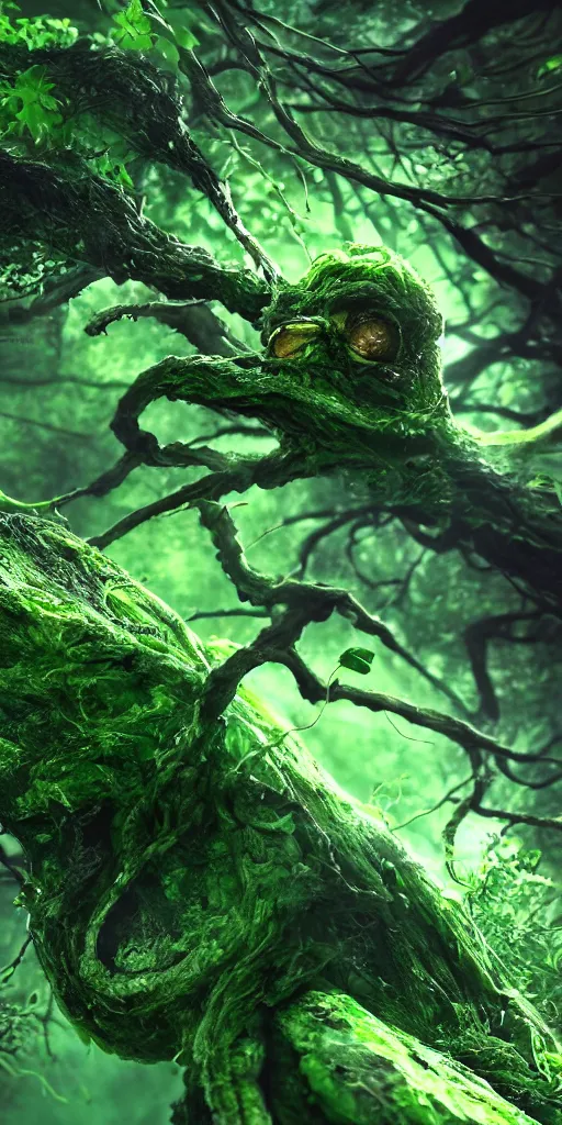 Image similar to a cute green leaf with purple eyes, surrounded by a green forrest, moody , lovecraft, giger, ridley scott, zack snyder, Fenghua Zhong, realistic cinematic lighting, establishing action shot, ultra detailed, hyper realism, photo, octane render