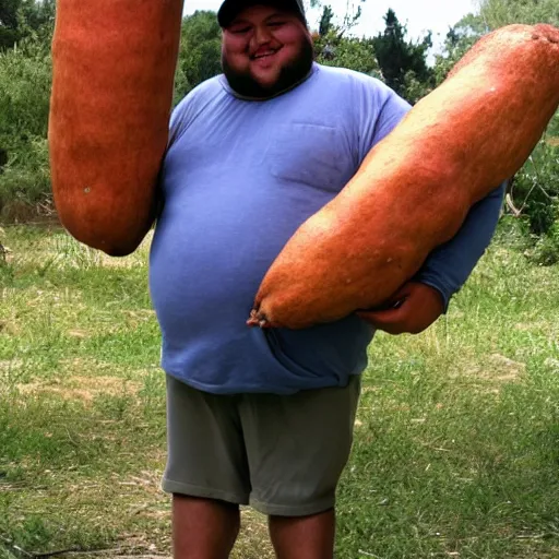 Prompt: a photo of a fat man holding a 1 0 meter yam