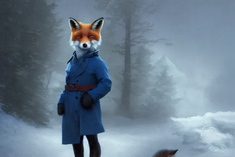 Image similar to portrait of a fox wearing blue coat stood outside a school, trending on artstation, highly detailed, digital painting, volumetric light, concept art, middle focus, illustration, lighting by Marc Adamus, daren bader, aleksi briclot, rutkowski, bouguereau