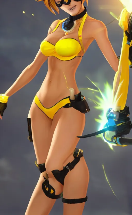 Image similar to tracer game character, in yellow bikini, blonde hair, black eyes, full height